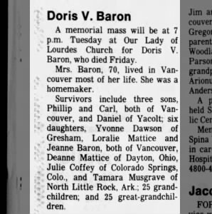 Obituary for Doris V Baron